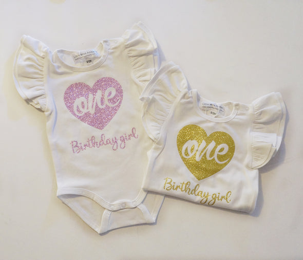Customised heart one first birthday romper( choice of sleeveless or long sleeve)
