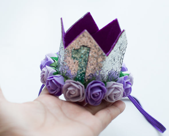 Lavender silver first birthday crown headband