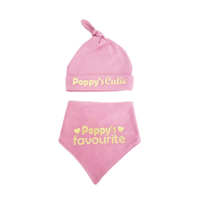 Customised poppy's cutie bibs and beanie set