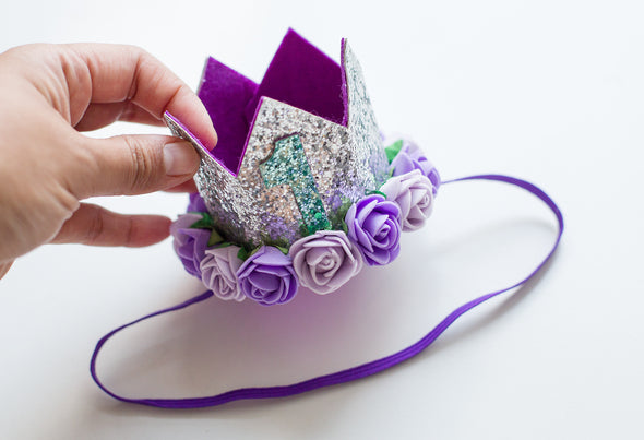 Lavender silver first birthday crown headband