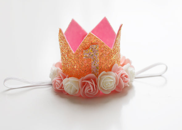 First birthday crown headband peach