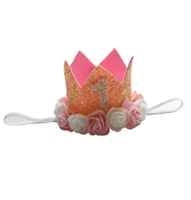 First birthday crown headband peach