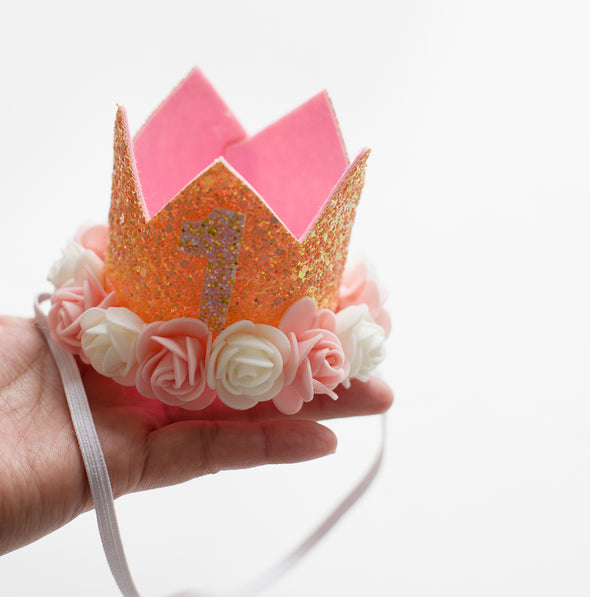 First birthday crown headband peach