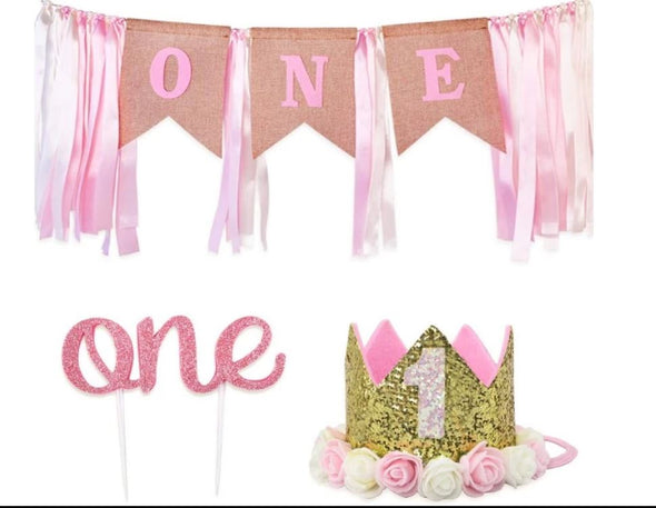 Pink and gold First bday themed set