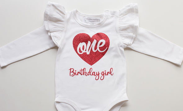 Customised heart one first birthday romper( choice of sleeveless or long sleeve)